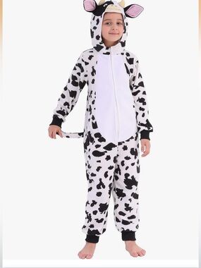 Kids Cow Onesie Costume - Black and White Plush Hooded Pajama size 4-6